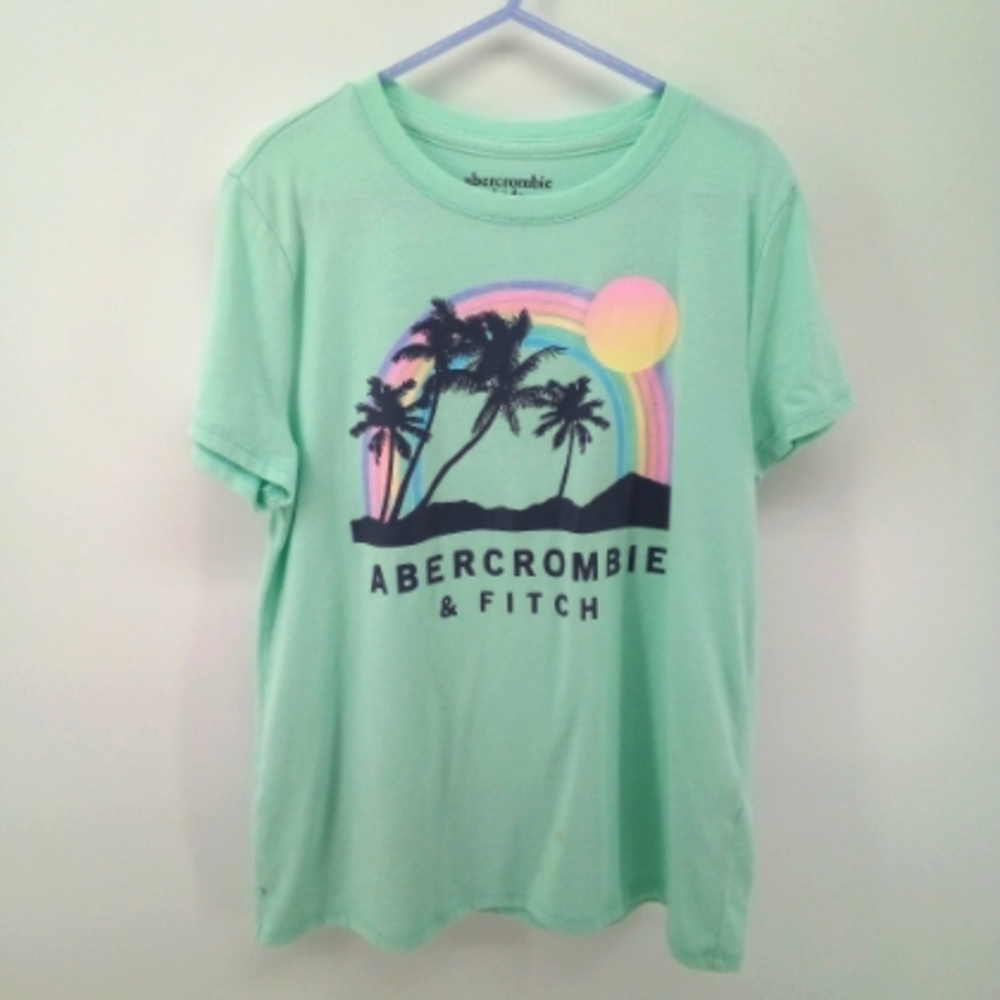 ⭐3/$30 Abercrombie & Fitch Kids Mint Blue Palm Tree Rainbow Graphic Tee 9/10